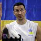 Undefeated heavyweight boxing champion Wladimir Klitschko, of Ukraine,  speaks about the political situation in Ukraine during a news conference at the Lucky Street Boxing Gym, Thursday, March 20, 2014, in Hollywood, Fla. Klitschko is preparing for his upcoming fight April 26 against Alex Leapai in Germany. (AP Photo/Lynne Sladky)