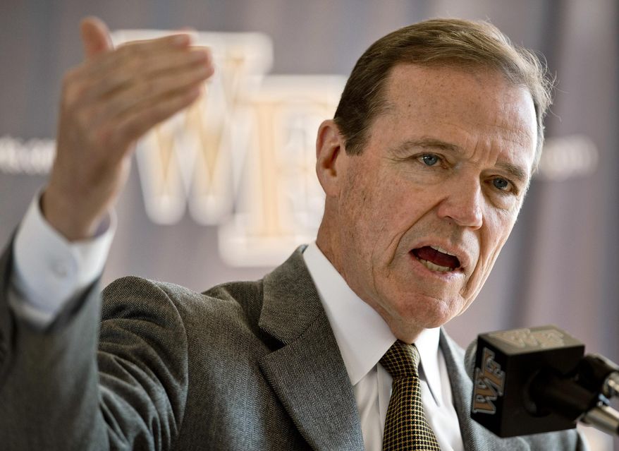 Wake Forest athletic director Ron Wellman talks to reporters about the resignation of men's basketball coach Jeff Bzdelik, Thursday, March 20, 2014, in Winston-Salem, N.C. (AP photo/Winston-Salem Journal, Walt Unks)