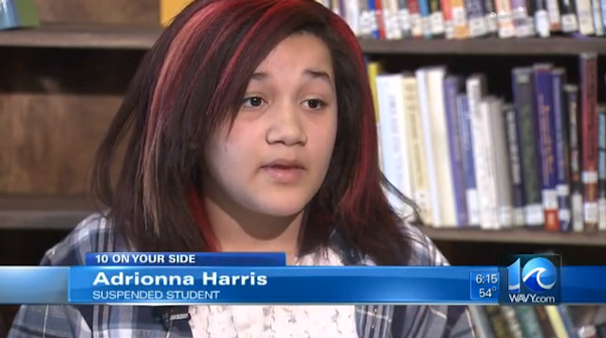 Adrionna Harris, a Virginia Beach middle-schooler, was suspended last week and recommended for expulsion after she took a razor away from a self-harming student and told a teacher. (WAVY 10)