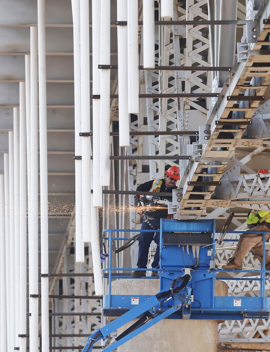 Workers repair the underside of the James C. Nance Memorial Bridge, which links Purcell, Okla. and Lexington, Okla., near Purcell, Okla., Monday, March 17, 2014. Purcell and Lexington are about 4,000 feet apart, but with the bridge closure, travel between the communities requires a 40 mile drive. (AP Photo/Sue Ogrocki)
