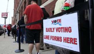 FILE - In this Oct. 2, 2012, file photo, voters stand in line outside the Hamilton County Board of Elections just before it opened for early voting in Cincinnati. A federal trial date of Aug. 19, 2014, has been set in a dispute over early voting in the presidential battleground state of Ohio. (AP Photo/Al Behrman, File)