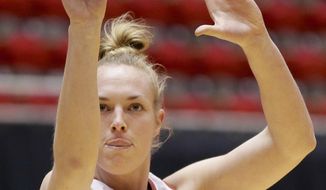 Stanford&#39;s Taylor Greenfield (4) shoots the ball during practice for the women&#39;s NCAA college basketball tournament in Ames, Iowa, Friday, March 21, 2014. Stanford plays against South Dakota in a first-round game on Saturday. (AP Photo/Nati Harnik)