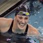 Missy Franklin, of California, celebrates after winning the 200-yard freestyle event at the NCAA Women&#39;s Division I Championships in Minneapolis, Friday March 21. 2014.(AP Photo/Andy Clayton-King)