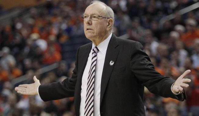 Syracuse coach Jim Boeheim reacts to a call during the first half of a third-round game against the Dayton in the NCAA men&#x27;s college basketball tournament in Buffalo, N.Y., Saturday, March 22, 2014. (AP Photo/Bill Wippert)