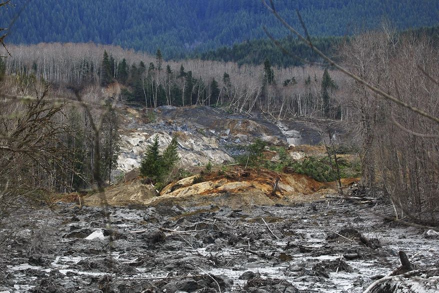 A fatal mudslide brought debris down the Stillaguamish River near Oso, Wash., Saturday, March 22, 2014, stopping the flow of the river and destroying several homes. (AP Photo/The Herald, Genna Martin)