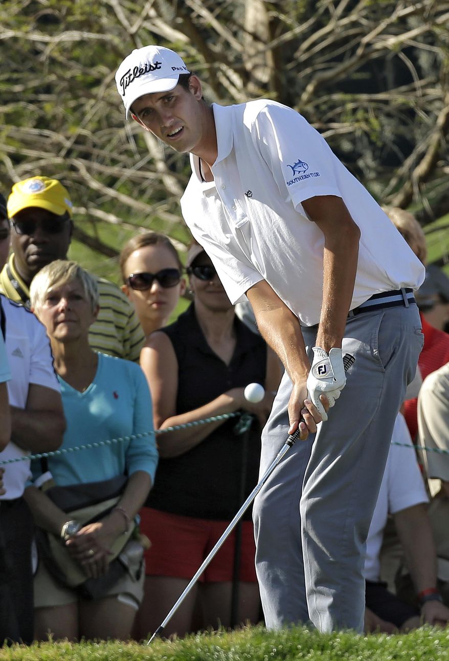 Chesson Hadley chips onto the 16th green during the third round of the Arnold Palmer Invitational golf tournament at Bay Hill, Saturday, March 22, 2014, in Orlando, Fla. (AP Photo/Chris O'Meara)