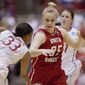 South Dakota&#39;s Nicole Seekamp (35) tries to drive past Stanford&#39;s Amber Orrange (33) in the first half of a first-round game in the NCAA women&#39;s college basketball tournament in Ames, Iowa, Saturday, March 22, 2014. (AP Photo/Nati Harnik)