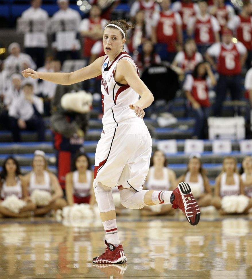 Nebraska's Jordan Hooper makes her way down the court after making a basket against Fresno State during the second half of a first-round game in the NCAA women's college basketball tournament, Saturday, March 22, 2014, in Los Angeles. Nebraska won 74-55. (AP Photo/Jae C. Hong)