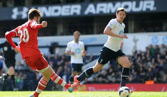 Southampton&#39;s Adam Lallana, left, scores his team&#39;s second goal of the game during the English Premier League soccer match against Tottenham Hotspurs at White Hart Lane, London Sunday March 23, 2014. (AP {Photo/Adam Davy/PA) UNITED KINGDOM OUT