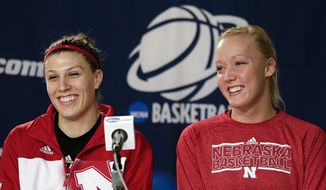 Nebraska&#x27;s Jordan Hooper, left, and Emily Cady smile during a news conference on Sunday, March 23, 2014, in Los Angeles. Nebraska is scheduled to play BYU in a second-round game of the NCAA women&#x27;s college basketball tournament on Monday. (AP Photo/Jae C. Hong)