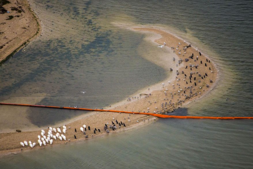 Oil containment booms cuts across a sand bar covered with birds on Pelican Island on Sunday, March 23, 2014, in Galveston, Texas. Dozens of ships are in evolved in clean-up efforts to remove up to 168,000 gallons of oil that make have spilled into Galveston Bay after a ship and barge collided near the Texas City dike on Saturday afternoon. (AP Photo/ Houston Chronicle, Smiley N. Pool)