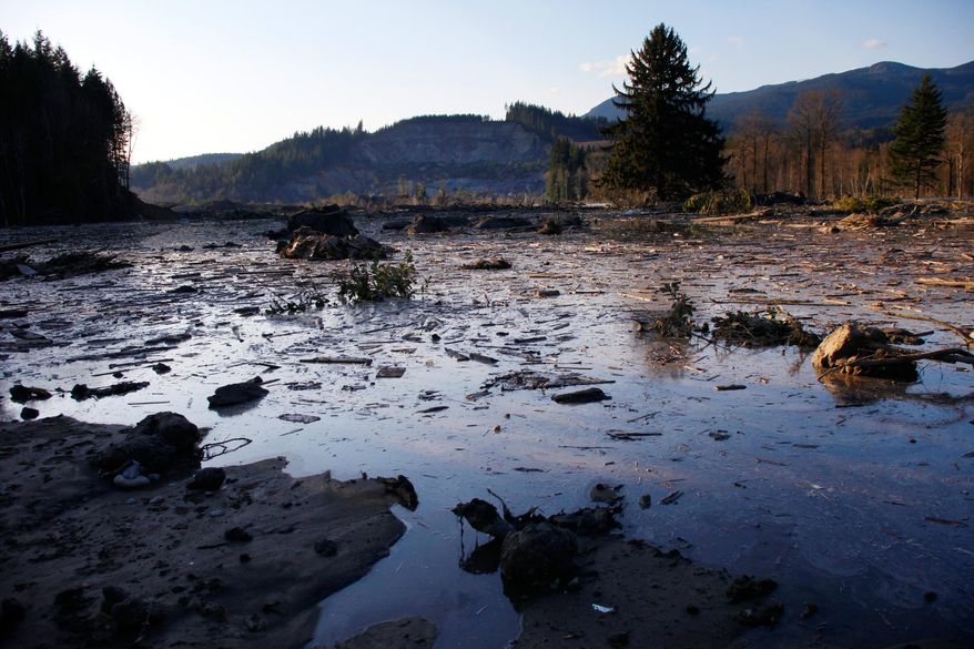 Water and mud back up on the east side of Saturday's fatal mudslide near Oso, Wash., Sunday March 23, 2014. (AP Photo /The Herald, Genna Martin)
