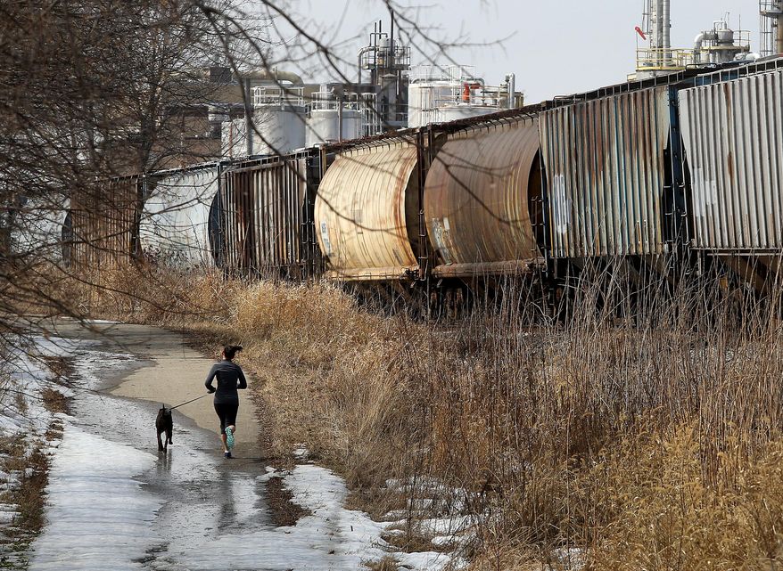 A line of rail cars containing grain are stationed along a Wisconsin Southern Railway track in Cottage Grove, Wis. as they await shipment to Chicago Friday, March 21, 2014. The rail industry has been facing reliability issues caused by increased demand and frigid winter weather conditions that cracked tracks, froze switches and forced tightened safety measures such as running trains with fewer cars. (AP Photo/Wisconsin State Journal, John Hart)