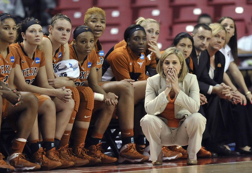 Texas coach Karen Aston watches the final seconds against Maryland in a second-round game of the NCAA women's college basketball tournament, Tuesday, March 25, 2014, in College Park, Md. Maryland won 69-64. (AP Photo/Gail Burton)