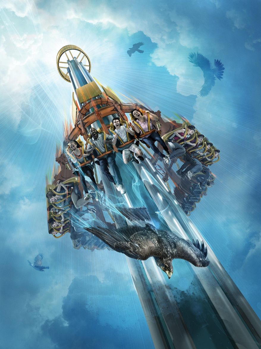 This artist’s rendering supplied by Busch Gardens shows Falcon’s Fury, a new thrill ride opening May 1 at the theme park in Tampa, Fla. The ride will seat riders upright, take them to the top of a 335-foot tower, then pivot seats 90 degrees so riders face straight down as they plunge 60 mph in a six-second free fall. (AP Photo/Busch Gardens Tampa)