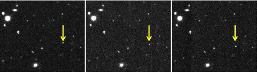 This combination of images provided by the Carnegie Institution for Science shows a new solar system object dubbed 2012 VP113, indicated by the yellow arrow, that was observed on November 2012 through a telescope in Chile. New research published in the journal Nature reveals it’s the second object to be discovered in the far reaches of the solar system far beyond the orbit of Pluto. (AP Photo/Carnegie Institution for Science, Scott S. Sheppard)