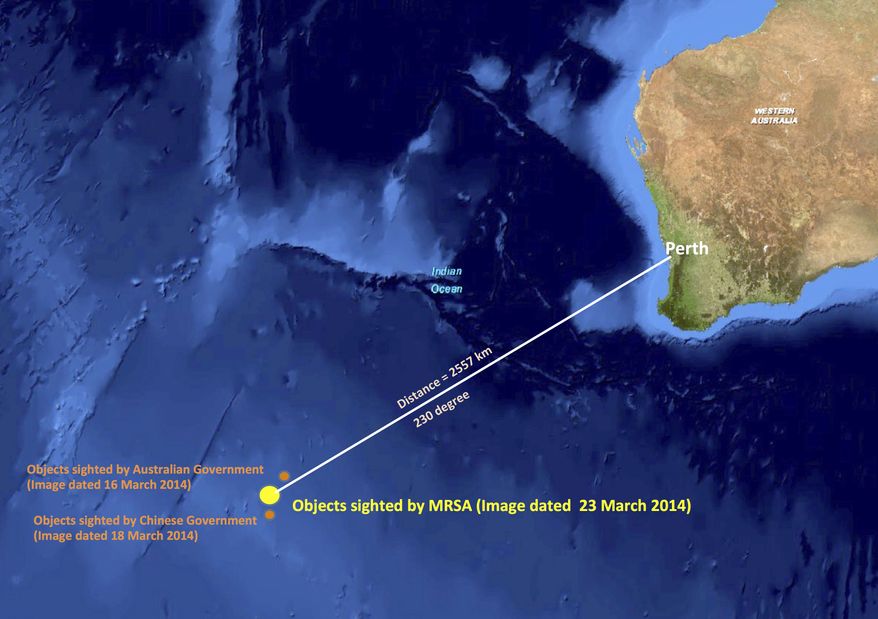 This graphic released by the Malaysian Remote Sensing Agency on Wednesday, March 26, 2014, shows the approximate position of objects seen floating in the southern Indian Ocean in the search zone for the missing Malaysia Airlines flight MH370. Malaysian Defense Minister Hishammuddin Hussein said at a news conference in Kuala Lumpur, Wednesday that a satellite has captured images of 122 objects close to where three other satellites previously detected objects. (AP Photo/Malaysian Remote Sensing Agency)