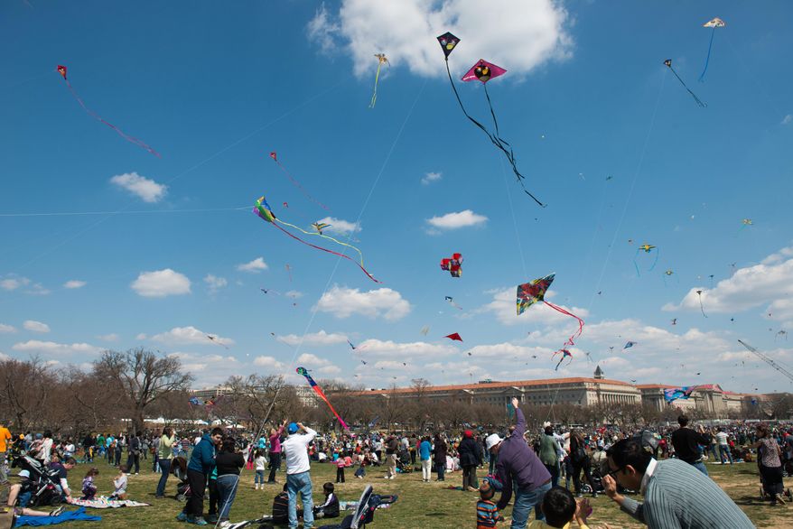 Kites soaring over the mall during the 2013 Blossom Kit Festival. Spectators Saturday will be treated to aerial shows and demonstrations.