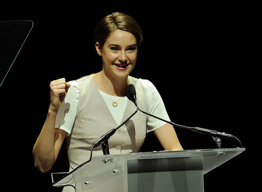 Shailene Woodley, a cast member in the upcoming film "The Fault in Our Stars," introduces a clip from the film at the 20th Century Fox presentation at CinemaCon 2014 on Thursday, March 27, 2014, in Las Vegas. (Photo by Chris Pizzello/Invision/AP)