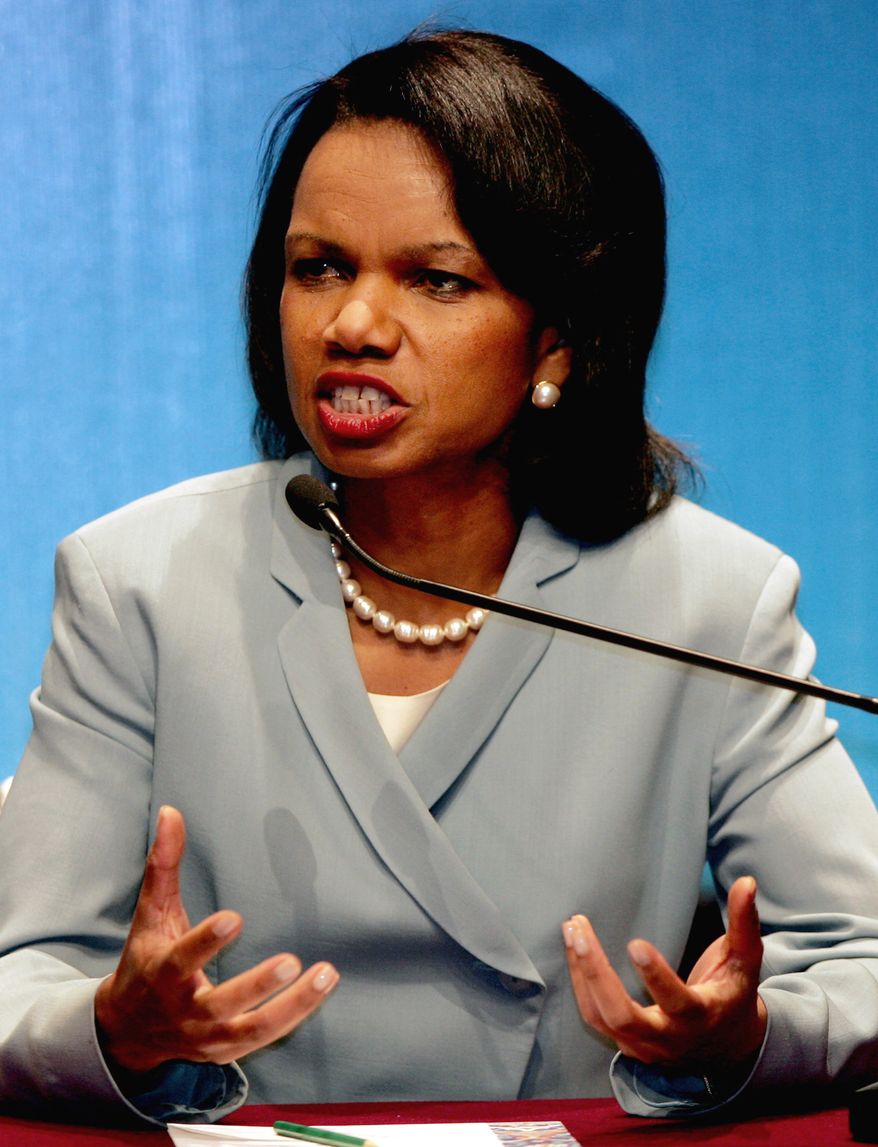 U.S. Secretary of State Condolleeza Rice gestures as she speaks to the media during a press conference at the ASEAN Regional Forum in Kuala Lumpur, Malaysia, Friday, July 28, 2006. Rice said Friday that southeast Asian nations had made "an important evolution" in dealing with Myanmar's junta and called for the quick release of dissident Aun San Suu Kyi. (AP Photo/Dita Alangkara)