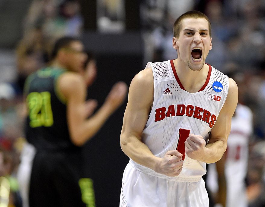 Wisconsin guard Ben Brust (1) reacts during the first half of an NCAA Tournament West regional semifinal against Baylor on Thursday in Anaheim, Calif. (AP Photo/Mark J. Terrill)