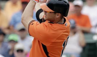 In this March 23, 2014 photo, Baltimore Orioles&#39; Chris Davis bats during a spring exhibition baseball game against the Pittsburgh Pirates in Sarasota, Fla. On his 28th birthday last week, Chris Davis devoured a huge piece of peanut-butter cream pie _ right out of the box. It was a rare fling for the Baltimore Orioles first baseman, who last year led the majors with 53 home runs and 138 RBIs. (AP Photo/Carlos Osorio)