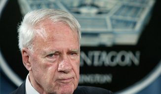 FILE - This Aug. 24, 2004 file photo shows former Defense Secretary James Schlesinger, chairman of the Detention Operations Review Panel speaking at the Pentagon. A Washington think tank confirms Schlesinger has died. (AP Photo/Lawrence Jackson, File)