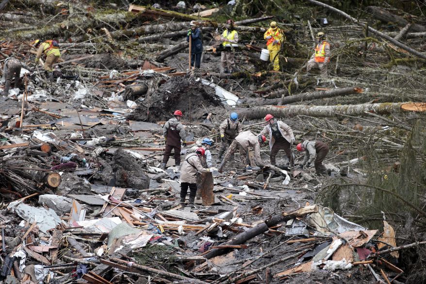 Workers comb through debris at the site of a deadly mudslide, Friday, March 28, 2014, in Oso, Wash. Besides the 26 bodies already found, dozens more people could be buried in the debris pile left from the mudslide nearly one week ago. (AP Photo/Lindsey Wasson, Pool)