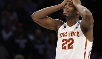 Iowa State&#x27;s Dustin Hogue reacts to Iowa State&#x27;s 81-76 loss to Connecticut in a regional semifinal of the NCAA men&#x27;s college basketball tournament Friday, March 28, 2014, in New York. (AP Photo/Seth Wenig)