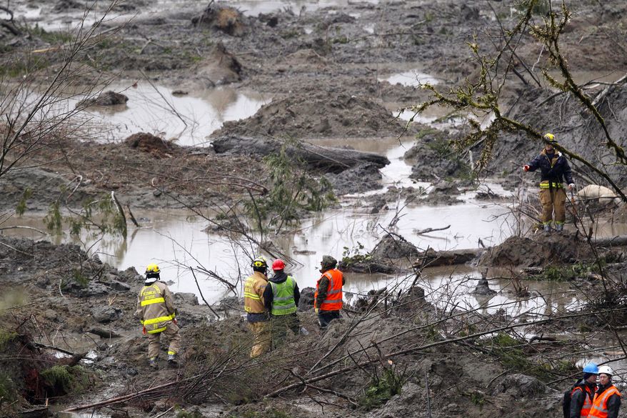 Searchers work at the scene of a deadly mudslide Saturday, March 29, 2014, in Oso, Wash. Besides the more than two dozen bodies already found, many more people could be buried in the debris pile left from the mudslide one week ago. Ninety people are listed as missing. (AP Photo/Elaine Thompson, Pool)