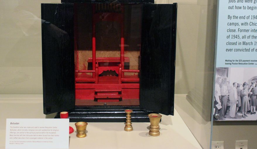 This March 26, 2014, photo shows a Buddhist altar crafted by one of the 16,000 Japanese Americans forced to move from the West Coast to Jerome Relocation Center, built on heavily wooded swampland near Jerome, Ark., soon after the U.S. entered World War II. Nearly 120,000 men, women and children were sent to 10 such internment camps around the country. (AP Photo/Janet McConnaughey)