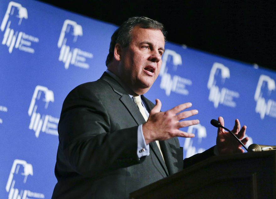 New Jersey Gov. Chris Christie speaks at the Republican Jewish Coalition, Saturday, March 29, 2014, in Las Vegas. Several possible GOP presidential candidates gathered in Las Vegas as Sheldon Adelson, a billionaire casino magnate, looks for a new favorite to help on the 2016 race for the White House. (AP Photo/Julie Jacobson)