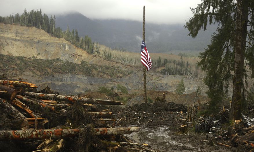 A flag flies at half-staff on a log Sunday, March 30, 2014, with the slope of the massive mudslide that struck Saturday, March 22, 2014 in the background. The search for victims of the deadly slide continued Sunday, with crews searching both with heavy machinery and by hand. (AP Photo/Ted S. Warren)