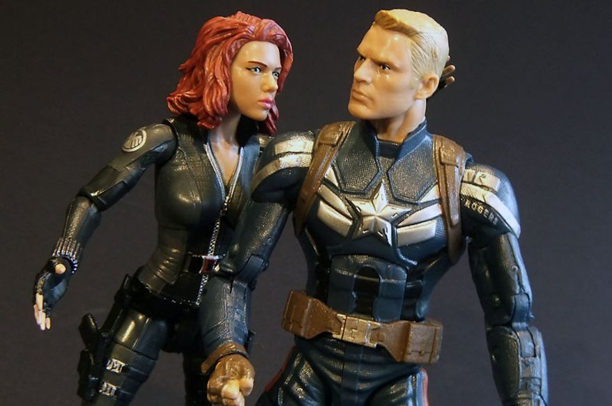 A touching moment between Hasbro's Marvel Infinite Series Legends Black Widow and Captain America. (Photograph by Joseph Szadkowski / The Washington Times)
