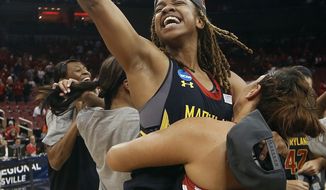 Maryland guard Sequoia Austin celebrates after Maryland defeated Louisville 76-73 in a regional final of the NCAA women&#39;s college basketball tournament Tuesday, April 1, 2014, in Louisville, Ky. (AP Photo/John Bazemore)