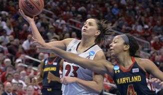 Maryland&#39;s Lexie Brown, right, attempts to knock the ball away from Louisville&#39;s Shoni Schimmel during the second half in a regional final of the NCAA women&#39;s college basketball tournament Tuesday, April 1, 2014, in Louisville, Ky. Maryland won 76-73. (AP Photo/Timothy D. Easley)