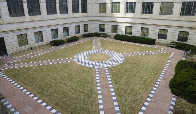 One of the courtyards at the Nebraska Capitol where fountains are proposed to be built is seen in Lincoln, Neb., Tuesday, April 1, 2014. Lawmakers debated whether to override many of Gov. Dave Heineman's $65 million worth of budget vetoes, including money for courtyard fountains and a new heating and air conditioning system at the Nebraska Capitol. (AP Photo/Nati Harnik)