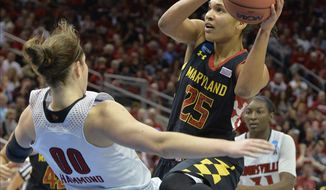 Maryland&#39;s Alyssa Thomas, right, charges into Louisville&#39;s Sara Hammond  during the first half of a regional final in the NCAA women&#39;s college basketball tournament, Tuesday, April 1, 2014, in Louisville, Ky. (AP Photo/Timothy D. Easley)