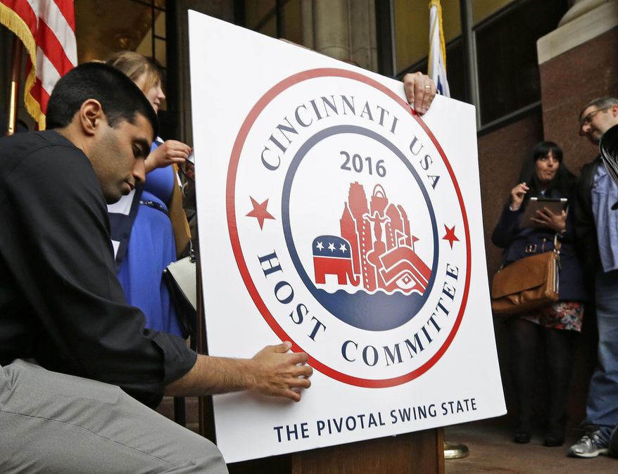 A placard is placed on the podium prior to a news conference, Wednesday, April 2, 2014, in Cincinnati, where Cincinnati was announced as one of six candidates to host the 2016 Republican national convention. (AP Photo/Al Behrman)
