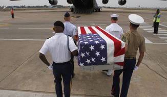 ** FILE ** Four U.S. servicemen carry a coffin draped with the U.S. flag containing possible remains of a U.S. serviceman to a C-17 cargo plane during a repatriation ceremony at Phnom Penh International Airport, Cambodia, Wednesday, April 2, 2014. The possible remains of U.S. soldiers found in eastern Kampong Cham province were repatriated to Hawaii for testing. (AP Photo/Heng Sinith)
