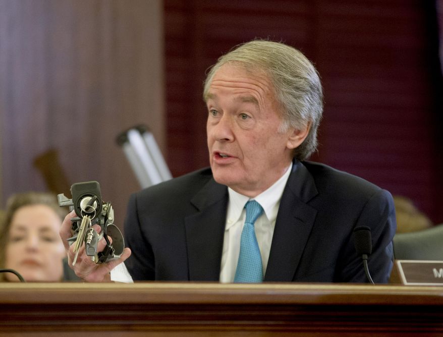 Sen. Edward Markey, D-Mass., holds up a GM ignition switch while questioning General Motors CEO Mary Barra on Capitol Hill in Washington, during a Senate Commerce, Science and Transportation subcommittee hearing, in this Wednesday, April 2, 2014, file photo. (AP Photo/Pablo Martinez Monsivais) ** FILE **