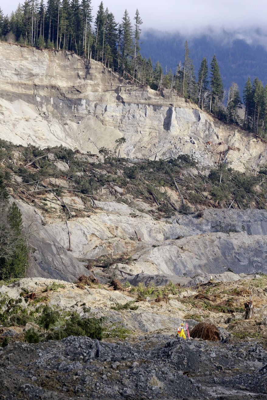 A worker wearing bright yellow coveralls is dwarfed as he walks in the debris field at the scene of a deadly mudslide, torn loose from the hillside above, Wednesday, April 2, 2014, in Oso, Wash. Officials have so far confirmed the deaths of 29 people, although only 22 have been officially identified in information released Wednesday morning by the Snohomish County medical examiner's office. (AP Photo/Elaine Thompson)