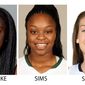 These recent photos provided by their respective schools show, from left, NCAA college basketball players: Kayla McBride, Notre Dame; Chiney Ogwumike, Stanford;  Odyssey Sims, Baylor; Breanna Stewart, UConn and Alyssa Thomas, Maryland. McBride, Ogwumike, Sims, Stewart and Thomas were selected to The Associated Press women&#39;s All-America team, released Tuesday, April 1, 2014. (AP Photo)