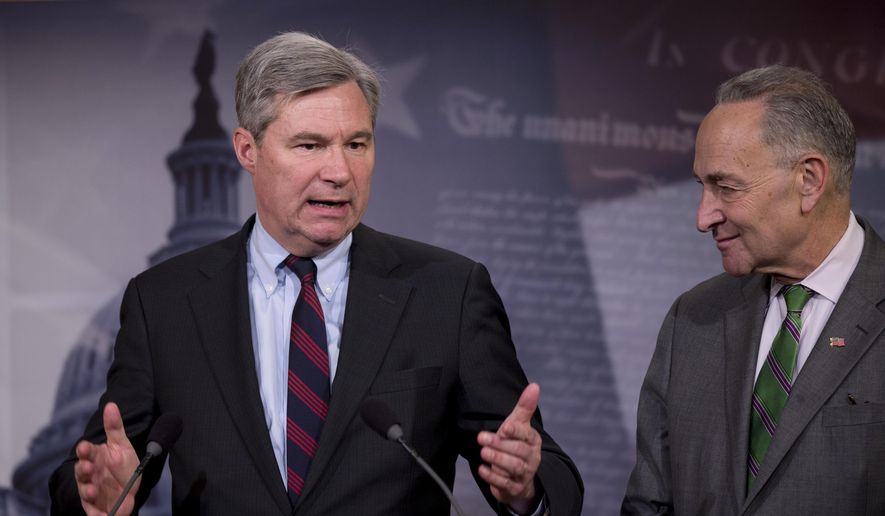 Sen. Sheldon Whitehouse (left) of Rhode Island, shown here with Sen. Charles E. Schumer of New York, kicked off the Democrats&#39; two-day campaign in the Senate by saying, &quot;Welcome to the &#39;Web of Denial.&#39; And thank you to those who are working to expose it. It is a filthy thing in our democracy.&quot; (Associated Press/File)