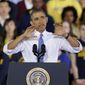 President Barack Obama speaks to students at the University of Michigan in Ann Arbor, Mich., Wednesday, April 2, 2014, about his proposal to raise the national minimum wage. (AP Photo/Carlos Osorio)