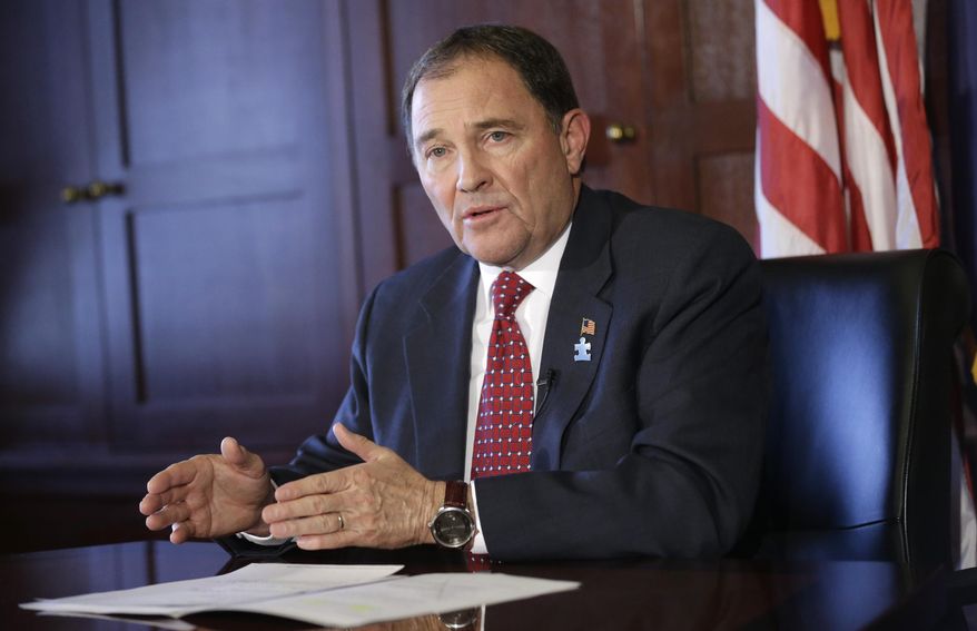 Utah Gov. Gary Herbert speaks to reporters during a news conference, Wednesday, April 2, 2014, at the Utah State Capitol, in Salt Lake City. Herbert has vetoed a bill that would boost the Legislature's subpoena power and was spurred by lawmakers' investigation of former Attorney General John Swallow. Herbert said at a news conference Wednesday afternoon that he was concerned about possible civil rights violations with the bill, which created criminal penalties for people who fail to comply with subpoenas issued by the Legislature. (AP Photo/Rick Bowmer)
