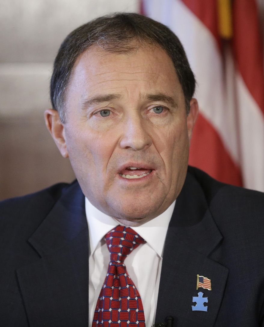 Utah Gov. Gary Herbert speaks to reporters during a news conference, Wednesday, April 2, 2014, at the Utah State Capitol, in Salt Lake City. Herbert has vetoed a bill that would boost the Legislature's subpoena power and was spurred by lawmakers' investigation of former Attorney General John Swallow. Herbert said at a news conference Wednesday afternoon that he was concerned about possible civil rights violations with the bill, which created criminal penalties for people who fail to comply with subpoenas issued by the Legislature. (AP Photo/Rick Bowmer)