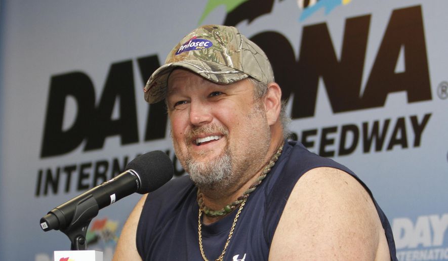 This Feb. 22, 2014 file photo shows comedian Larry the Cable Guy laughs during a news conference at Daytona International Speedway in Daytona Beach, Fla. Larry the Cable Guy who's real name is Daniel Whitney has canceled a couple of upcoming performances in New Mexico and Utah due to an injury on a movie set.(AP Photo/David Graham,File)