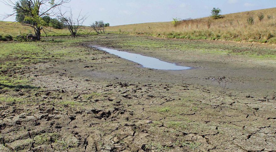 FILE - In this Aug. 3, 2012, file photo, a small amount of water is seen in a pond in the cattle pasture that serves as the water source for a cattle ranch in Tallula, Ill. Industry groups and more than a dozen GOP senators are urging the Obama administration to reconsider a proposal by the EPA and the Army Corps of Engineers. The new rule seeks to clarify which waters or wetlands would trigger federal requirements, such as permitting and state water quality certification. Seasonal and rain-dependent streams, and wetlands near rivers and streams, would be covered; others would be considered on a case-by-case basis to determine if they play a significant role in the quality of downstream waters. Landowners and developers say the government has gone too far in regulating isolated ponds or marshes with no direct connection to navigable waterways. (AP Photo/Seth Perlman, File)