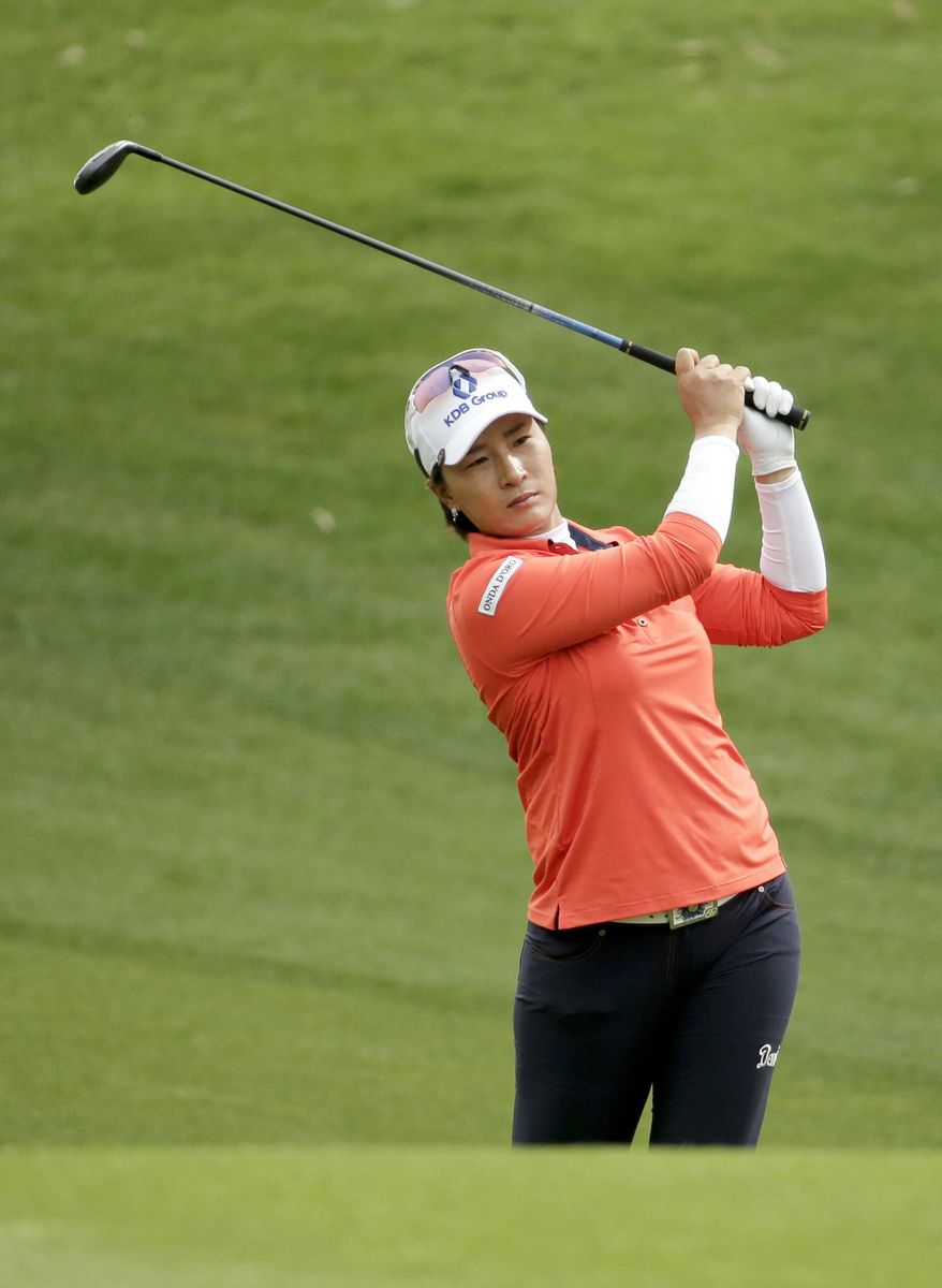 Se Ri Pak, of South Korea, hits from the fairway on the 11th hole during the second round of the Kraft Nabisco Championship golf tournament Friday, April 4, 2014, in Rancho Mirage, Calif. (AP Photo/Chris Carlson)